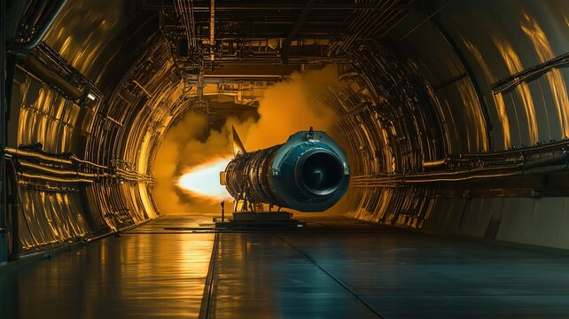Rocket engine test facility with engineers monitoring the powerful thrust and performance of a cutting-edge propulsion system, showcasing advanced aerospace technology and innovation.