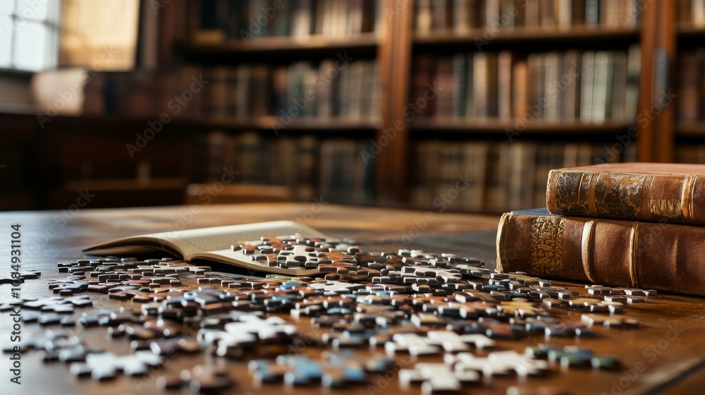 Poster A comprehensive puzzle-solving setup in a quiet library, Puzzle pieces and a partially completed puzzle neatly arranged on a table, Minimalist intellectual style