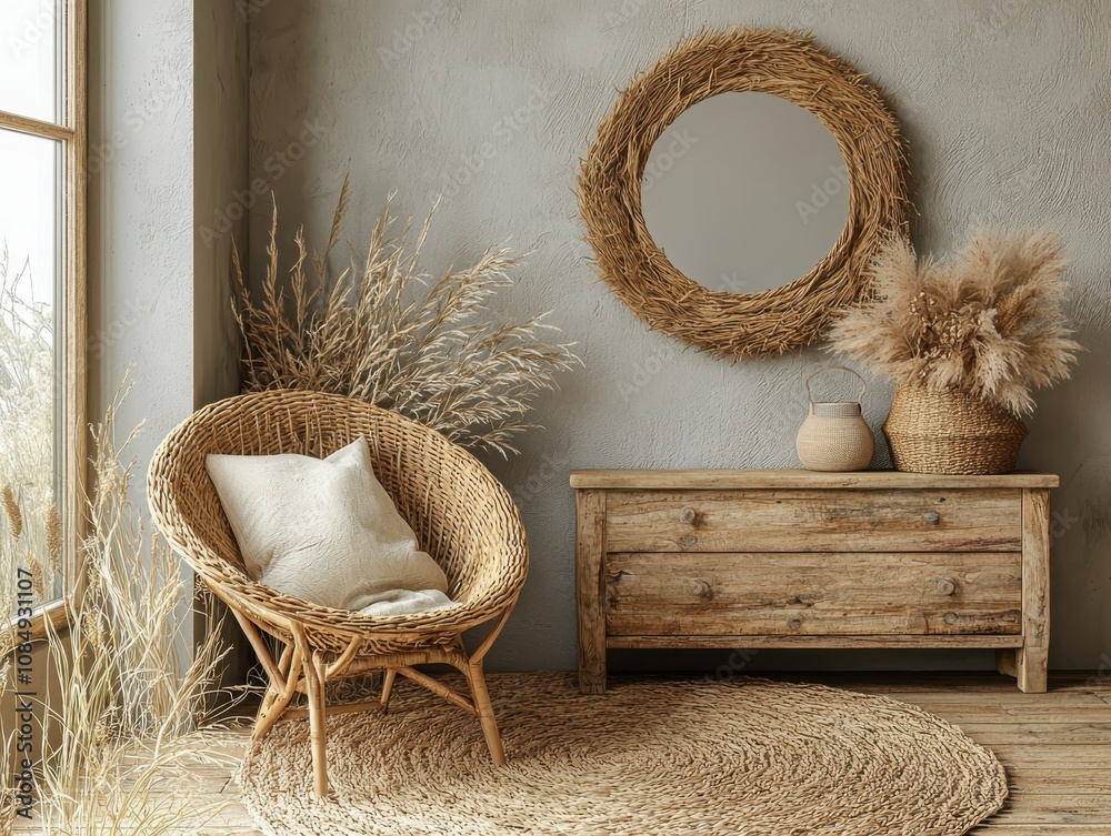 Poster creating a serene mood muted gray gallery setting with console drawer and minimalist decor