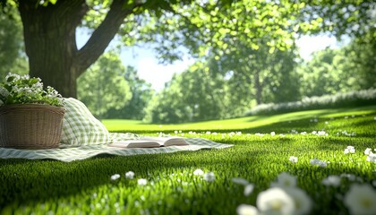 A tranquil picnic setting under a large tree in a lush, green park on a sunny day