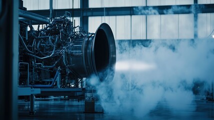 Rocket engine test facility with engineers monitoring the powerful thrust and performance of a cutting-edge propulsion system, showcasing advanced aerospace technology and innovation.