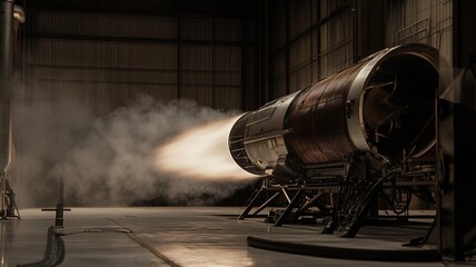 Rocket engine test facility with engineers monitoring the powerful thrust and performance of a cutting-edge propulsion system, showcasing advanced aerospace technology and innovation.