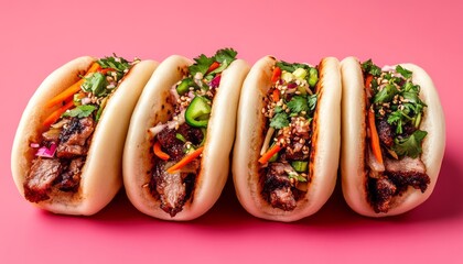 Savory bao buns filled with grilled beef and fresh vegetables on a vibrant pink background