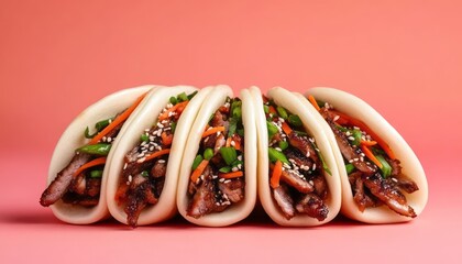 Delicious bao buns filled with marinated meat and fresh vegetables on a pastel background
