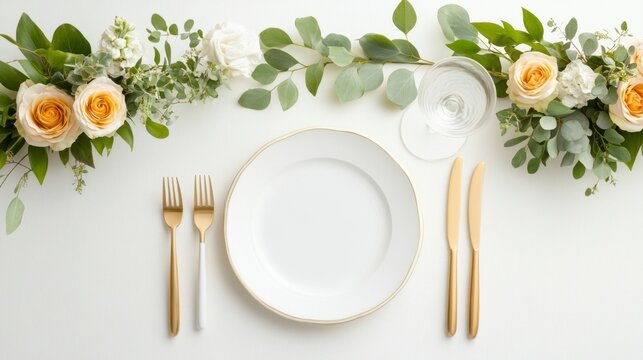 A beautifully set dining table featuring a white plate, gold utensils, and elegant floral arrangements, perfect for a special occasion.