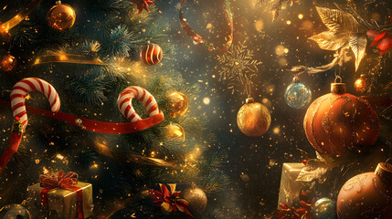 Christmas and New Year Background with Lush Pine Tree, Candy Cane Cookies, Golden Gift Boxes, and Glass Baubles.