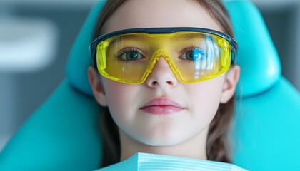 Child in dentist chair wearing protective glasses and preparing for dental checkup