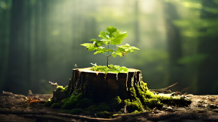 A small tree is growing out of a stump in a forest