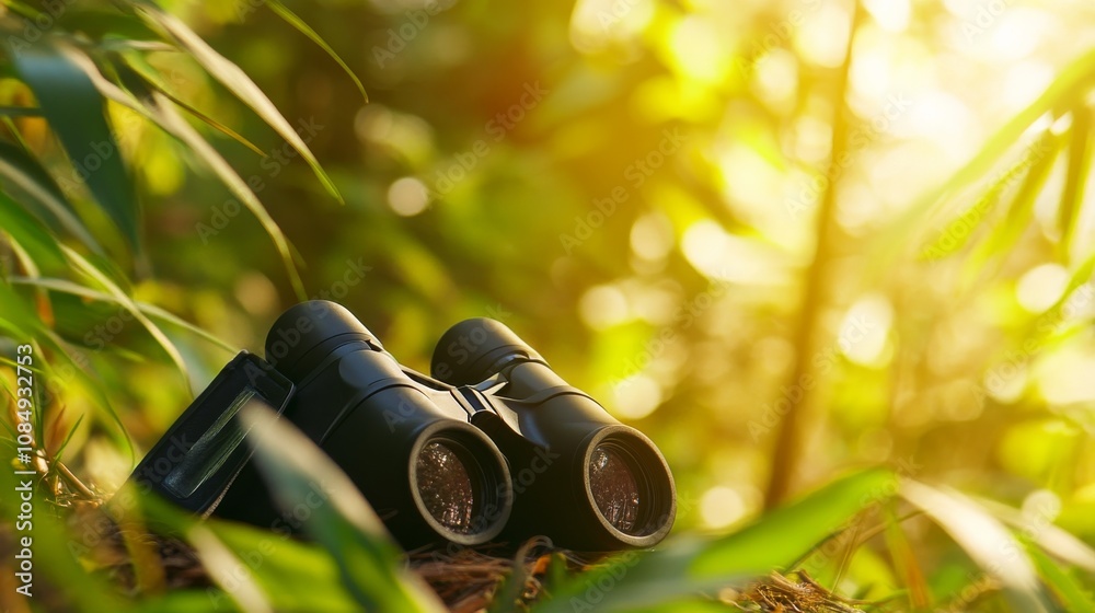 Poster a cozy birdwatching session in a secluded forest hideout, binoculars and field guides set for bird o