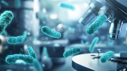 Microscopic view of beneficial bacteria thriving in a healthy environment, symbolizing the importance of microbiome balance in maintaining overall well-being.