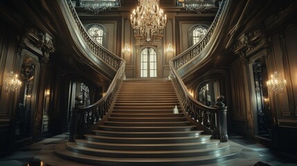 Obraz premium Grand Staircase in an Ornate Mansion with Crystal Chandeliers