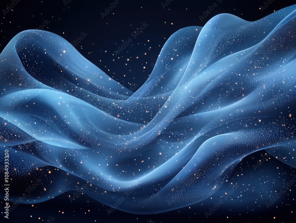 Poster dynamic visualization of a stylized blue graphic with intricate particle system abstract environment