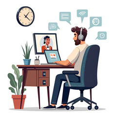 Engaging in virtual meetings  a professional s workspace with technology enhancements, 2d digital art of remote work concept.