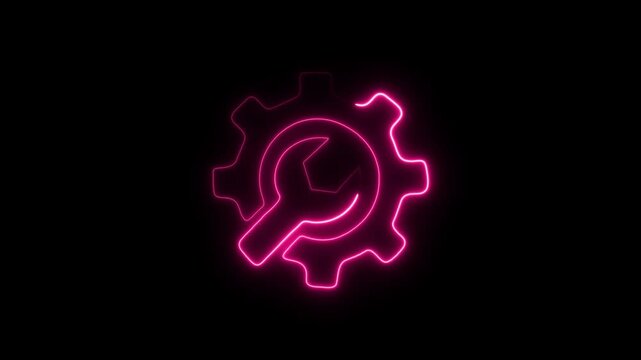 Glowing neon line wrench and gear icon, mechanical Repair tools concept logotype icon animation.