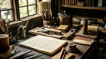 A cozy corner with a detailed setup for bookbinding, including papers, threads