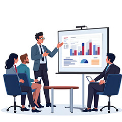 Fototapeta premium Engaging business insights presentation with dynamic graphs and collaborative team discussion, digital illustration of corporate presentation concept.