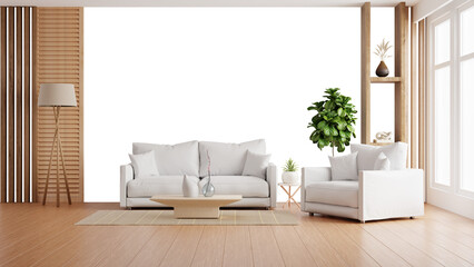 Living room with a couch, a coffee table, and a potted plant on transparent background- 3D rendering © Vanitjan