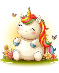 Naklejka premium A cute unicorn is sitting in a field of flowers with butterflies flying around it. The scene is peaceful and serene, with the unicorn looking happy and content