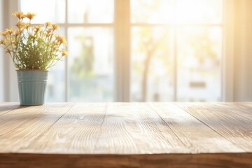 朝日が差し込む木製テーブルのシンプルな背景