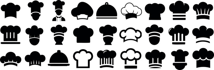 Chef hat silhouette icons set, professional cooking symbols, kitchen uniform vector designs, culinary logo concepts, food industry illustrations, chef hats for branding, menus, advertisements