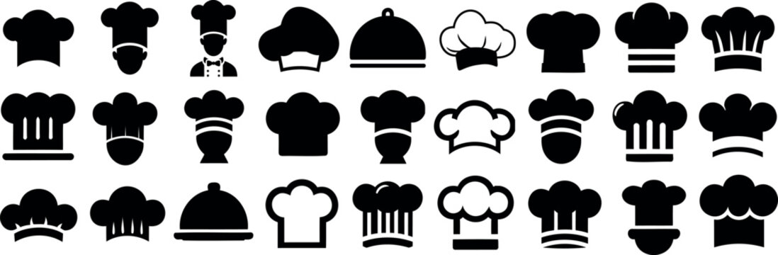 Chef hat silhouette icons set, professional cooking symbols, kitchen uniform vector designs, culinary logo concepts, food industry illustrations, chef hats for branding, menus, advertisements