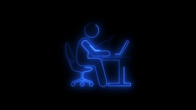 Glowing neon line working on computer icon.Businessman working in the computer icon.Office worker sitting at desk and working on computer icon