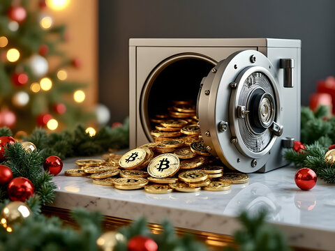 A holiday-themed safe overflowing with shiny gold coins and bitcoin symbols surrounded by festive decorations