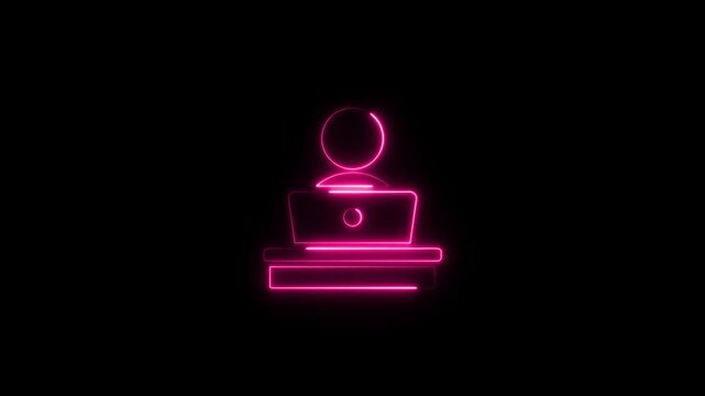 Glowing neon line working on computer icon.Businessman working in the computer icon.Office worker sitting at desk and working on computer icon