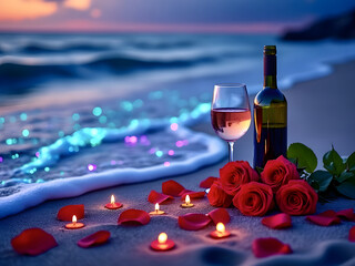 Romantic beach setup with wine, roses, and candles at sunset near gentle waves