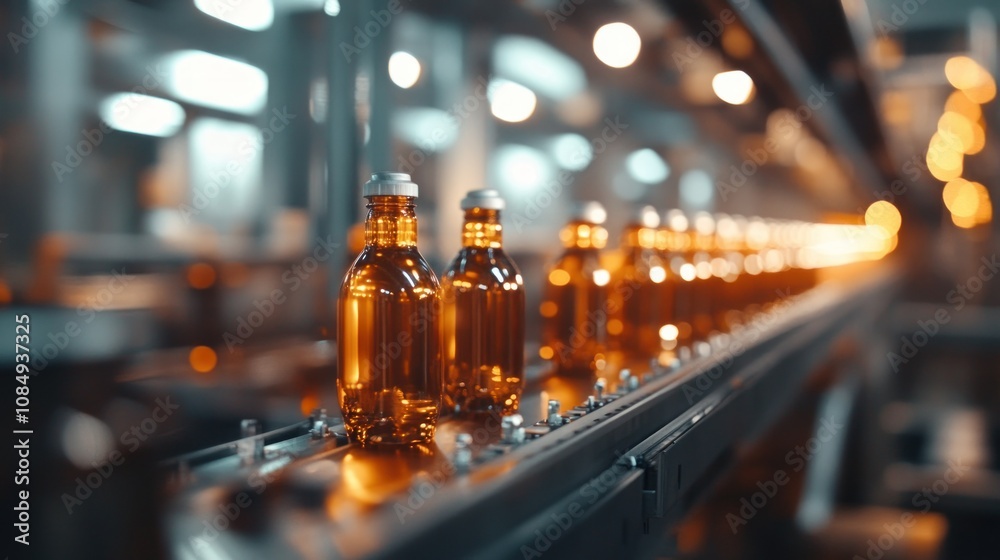 Poster glass bottles moving on conveyor belt in factory setting