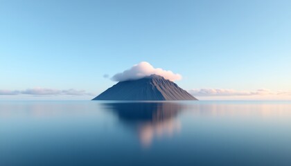 A tranquil mountain rises above calm waters at sunrise creating a serene landscape view