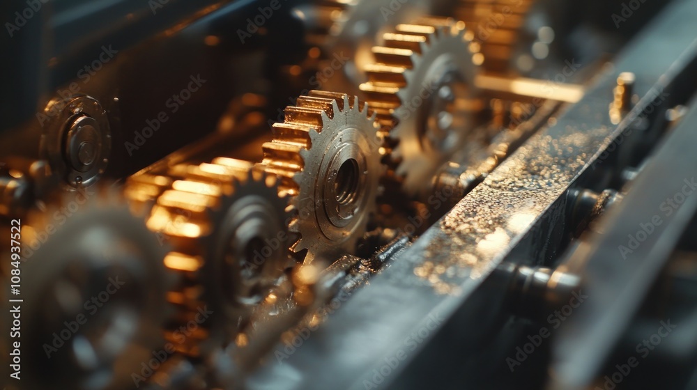 Poster close-up of interlocking metal gears in a machine