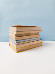 Stack of various types of books on blue and white background