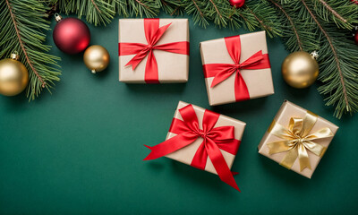 Season's greetings scene. Top-view of boxes tied with bows, Christmas decorations, balls, rustic star, holly berries, frosty spruce branches, confetti on green backdrop, perfect for messages or promo