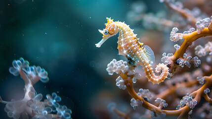 A seahorse is swimming in the ocean.