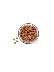 Kacang telur or peanut wrapped in four, eggs, and spices. Its taste is savory, sweet, and crunchy. Served on bowl. Close-up on isolated white background