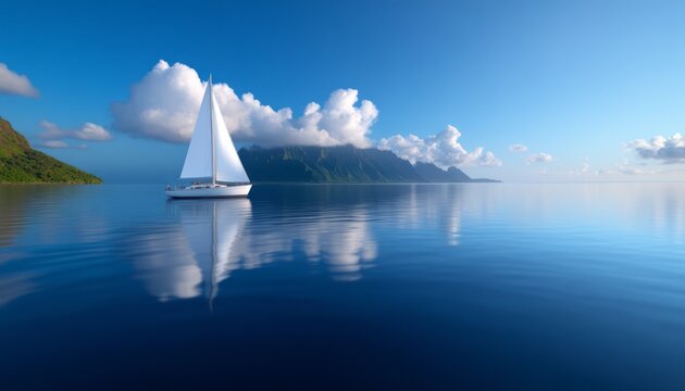 Sailing on calm waters near lush mountains with beautiful skies at sunrise
