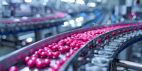 Obraz premium Pharmaceutical Tablets on Conveyor in Production Line, Medicine Manufacturing Process in Factory