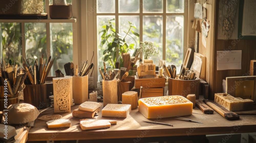 Poster a cozy room with a detailed setup for soap carving, including various carving tools and bars of soap