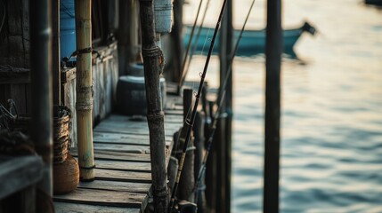 A cozy sea fishing scene at a traditional fishing village, Fishing rods set on weathered docks, Village charm style