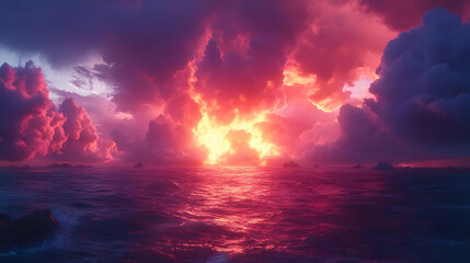 Fototapeta premium Dramatic Ocean Sunset with Pink and Yellow Clouds - Illustration