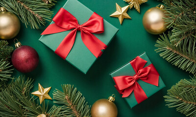 Season's greetings scene. Top-view of boxes tied with bows, Christmas decorations, balls, rustic star, holly berries, frosty spruce branches, confetti on green backdrop, perfect for messages or promo