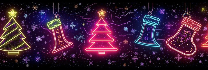 Festive retro neon Christmas design with glowing neon trees, bells, and stockings against a dark, vibrant background reflecting an 80s theme.