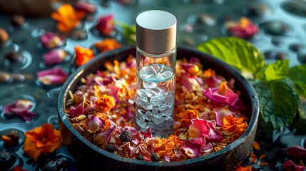 Essential Oil Inhaler Surrounded by Colorful Petals