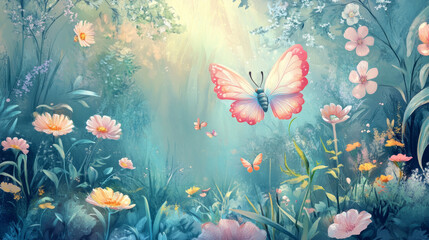 Whimsical garden scene with oversized flowers, pastel colors, and playful butterflies, dreamy and soft ethereal magical landscape storybook fairyland trippy atmosphere