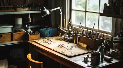 A cozy workshop with setups for creating handmade jewelry, featuring metals, gems