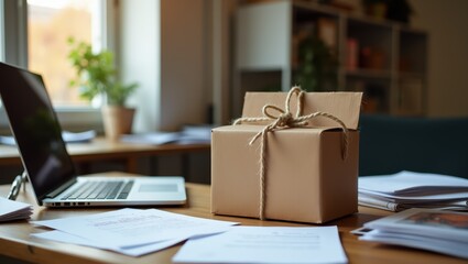 Small Cardboard Package on Home Office Desk with Laptop, Small Business Concept, Cardboard Parcel Box of Product For Deliver To Customer