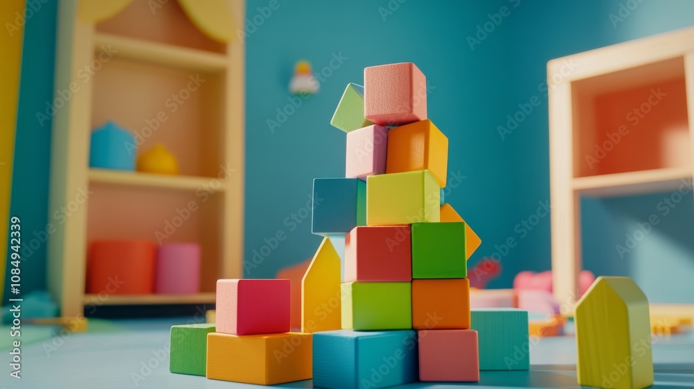 Poster a creative block-building scene in a vibrant playroom, colorful blocks stacked artistically, playful