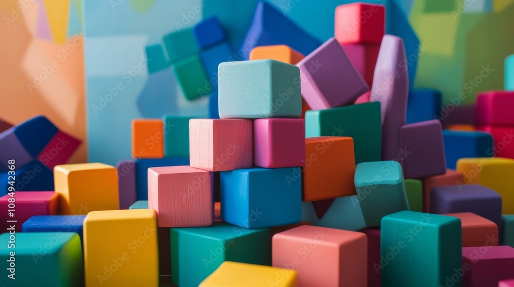 Poster a creative block-building scene in a vibrant playroom, colorful blocks stacked artistically, playful