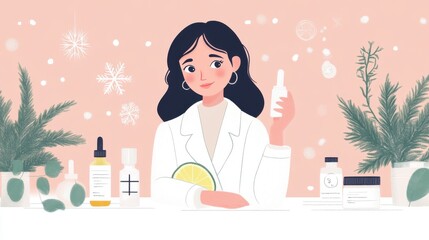 Illustration of a female chemist with skincare products on a festive background.